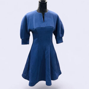 RARE Unique Tish Cox Navy Blue Fit Flare Dress Puff Sleeves Textured A-Line XXXS